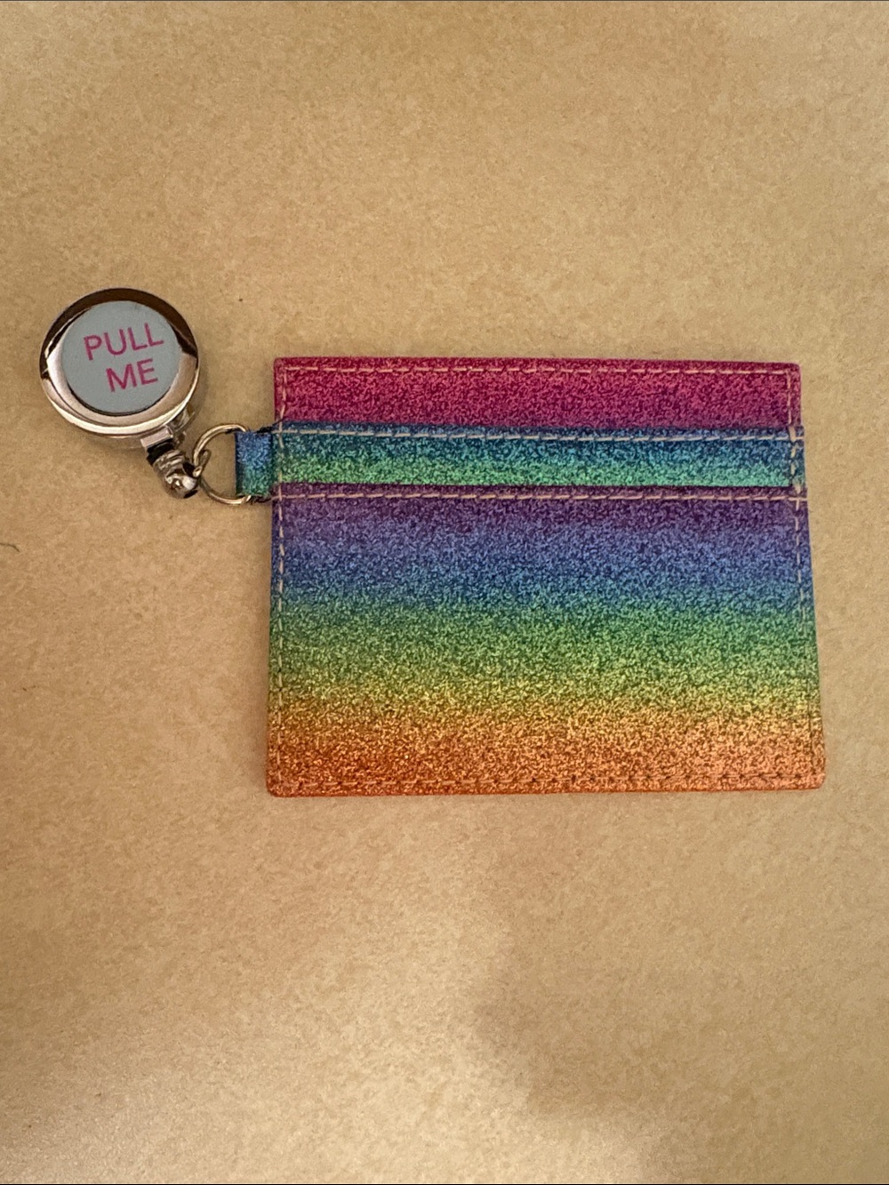 New Rainbow Glittery Card/I.D. Holder With Cord That is Retractable